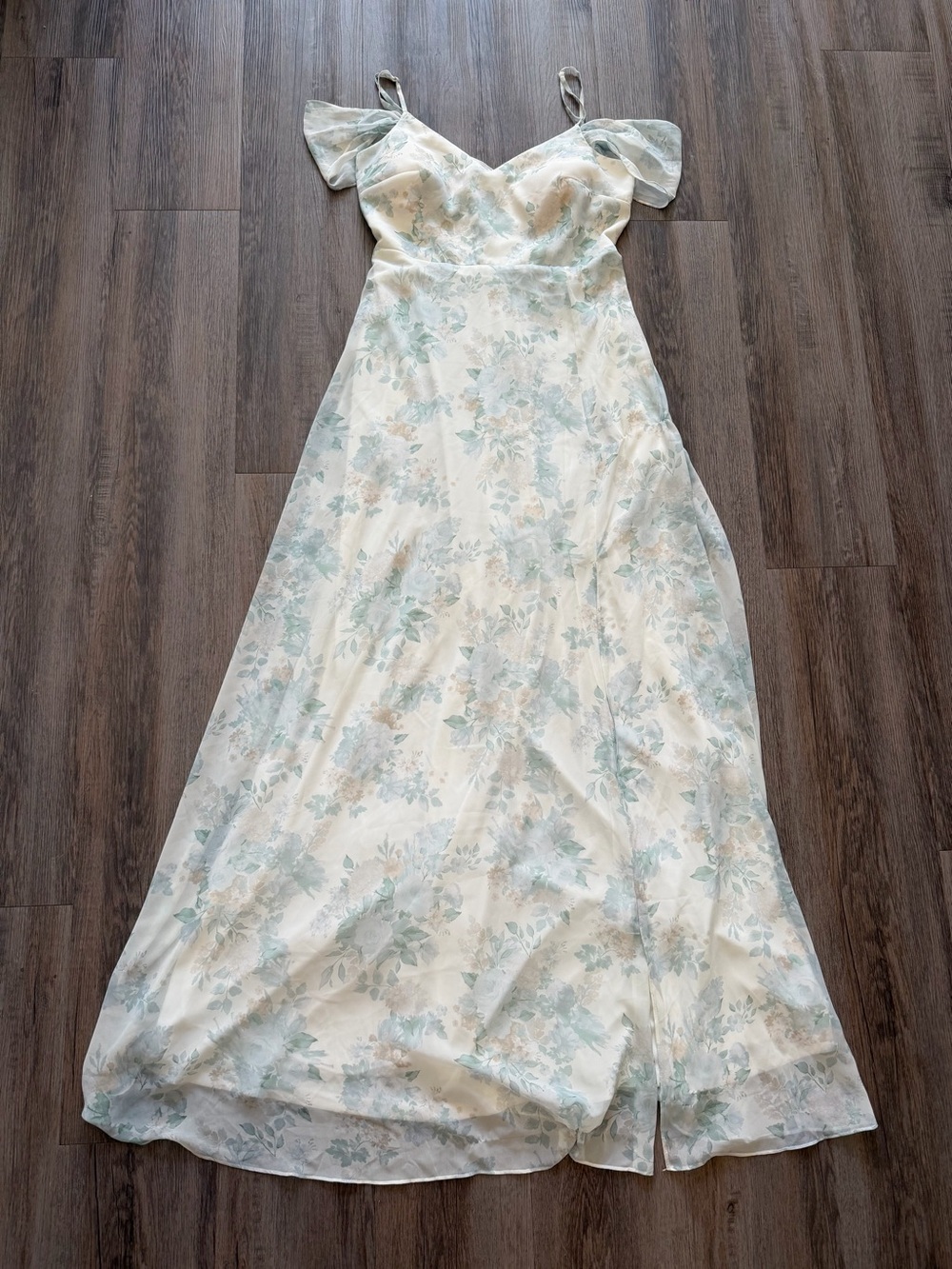 Birdy Grey Devin Dress Bridesmaid Dress Blue Floral Chiffon Floor Length Size S